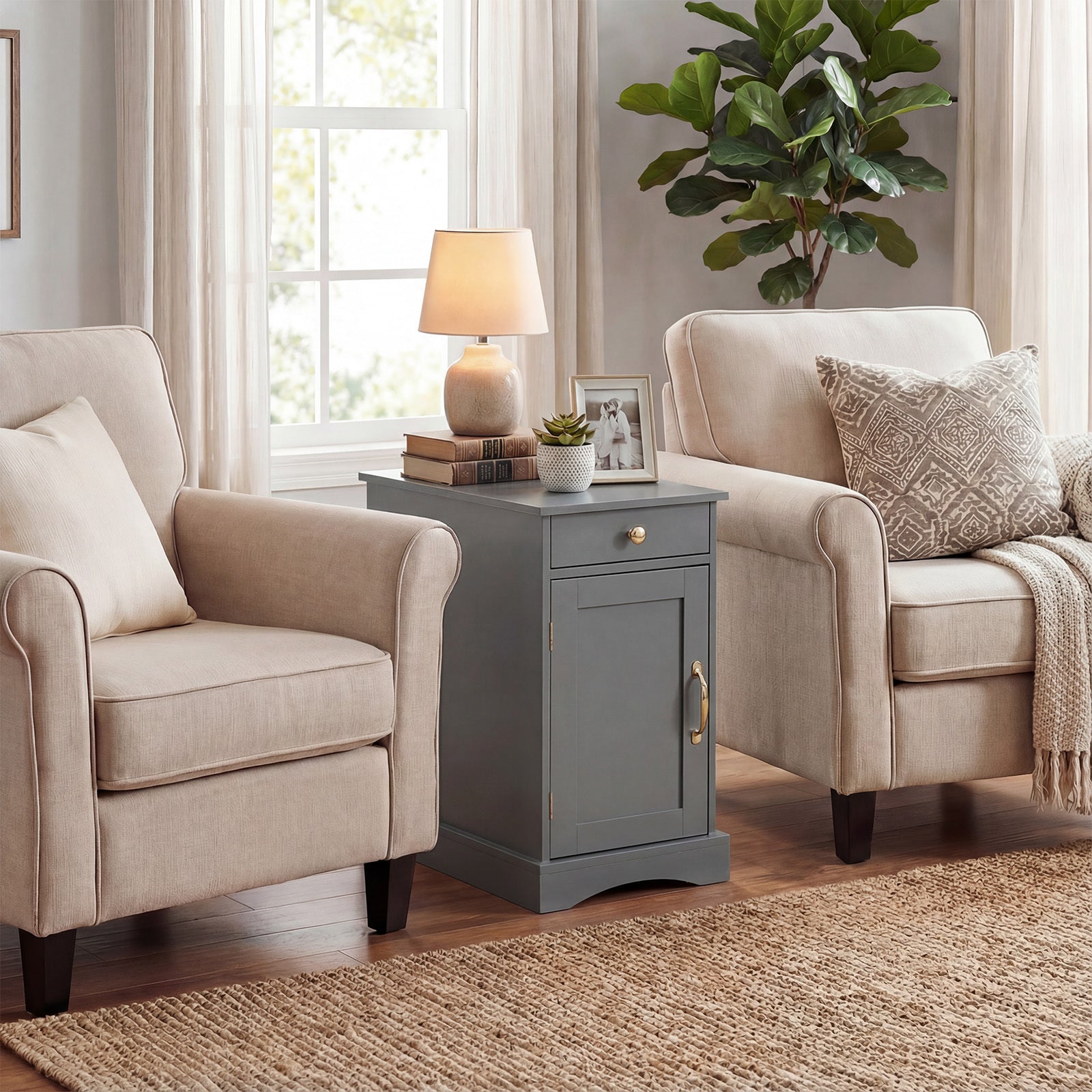 Narrow Nightstand Set of 2 with Charging Station and Drawer for Living Room Bedroom-Grey