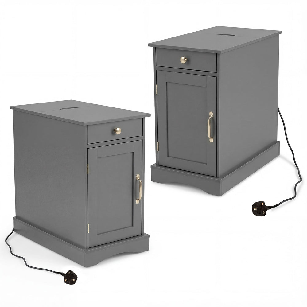 Narrow Nightstand Set of 2 with Charging Station and Drawer for Living Room Bedroom-Grey