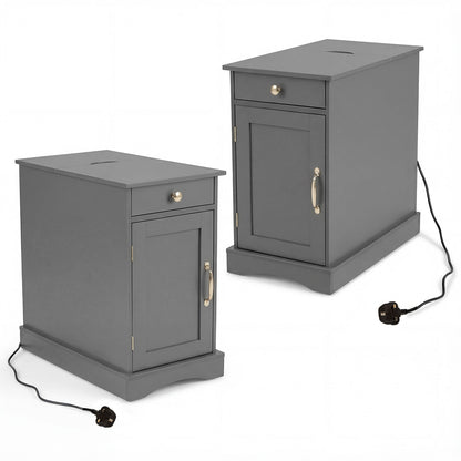 Narrow Nightstand Set of 2 with Charging Station and Drawer for Living Room Bedroom-Grey