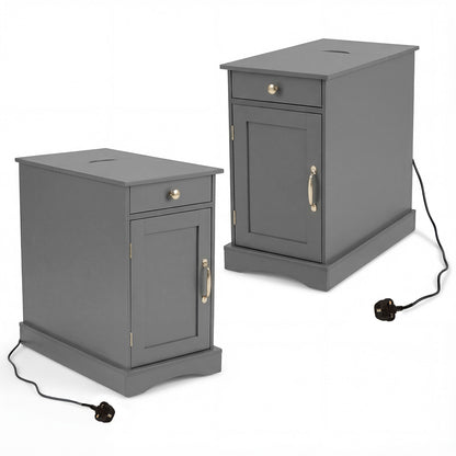 Narrow Nightstand Set of 2 with Charging Station and Drawer for Living Room Bedroom-Grey