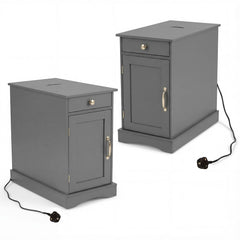Narrow Nightstand Set of 2 with Charging Station and Drawer for Living Room Bedroom-Grey