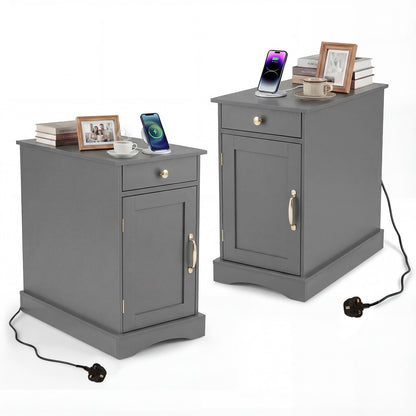 Narrow Nightstand Set of 2 with Charging Station and Drawer for Living Room Bedroom-Grey
