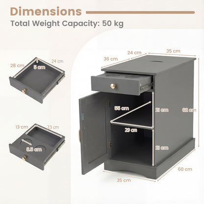 Narrow Nightstand Set of 2 with Charging Station and Drawer for Living Room Bedroom-Grey
