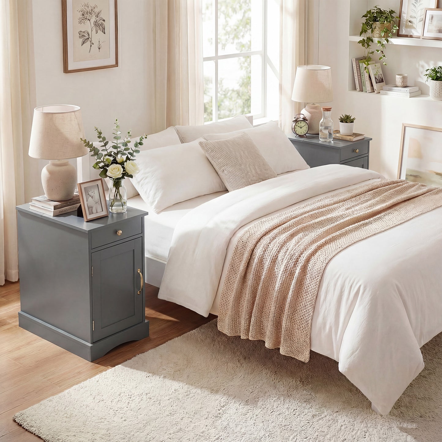 Narrow Nightstand Set of 2 with Charging Station and Drawer for Living Room Bedroom-Grey
