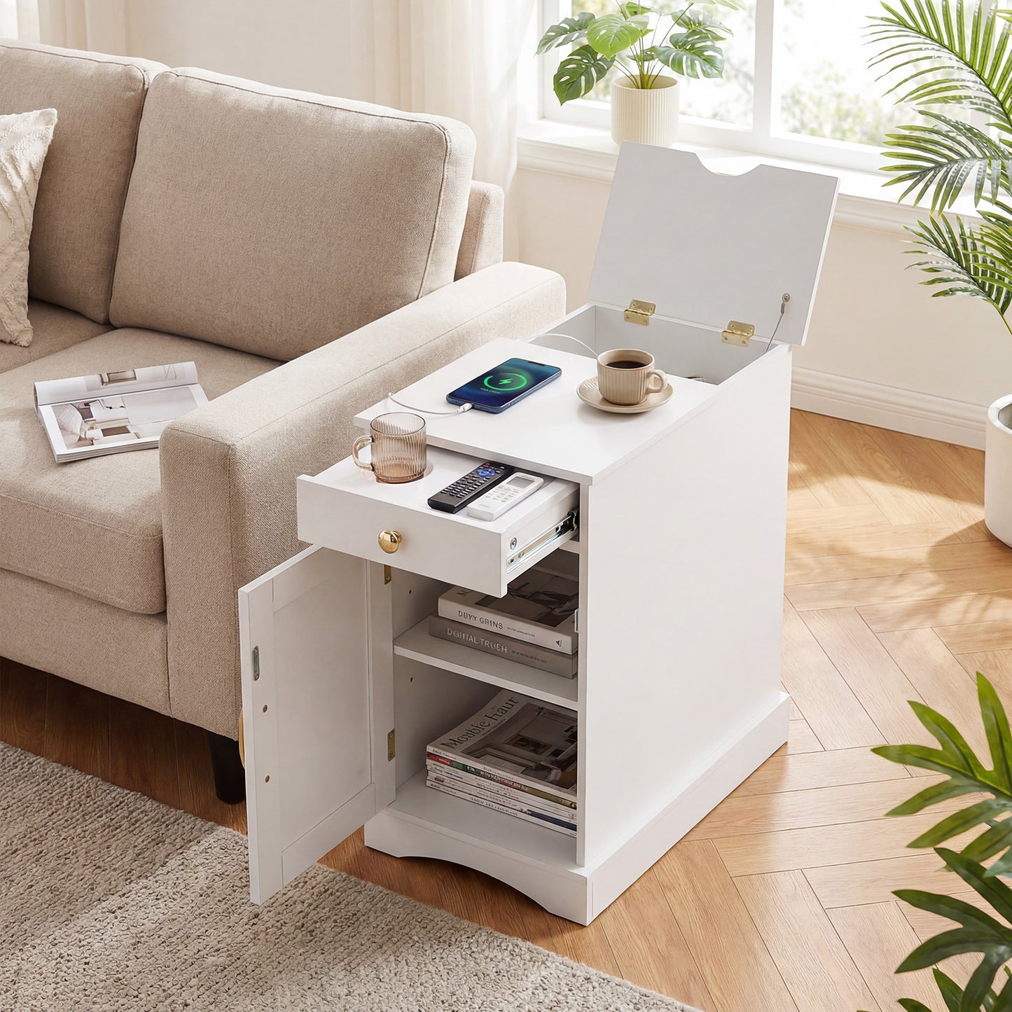 Narrow Nightstand Set of 2 with Charging Station and Drawer for Living Room Bedroom-White
