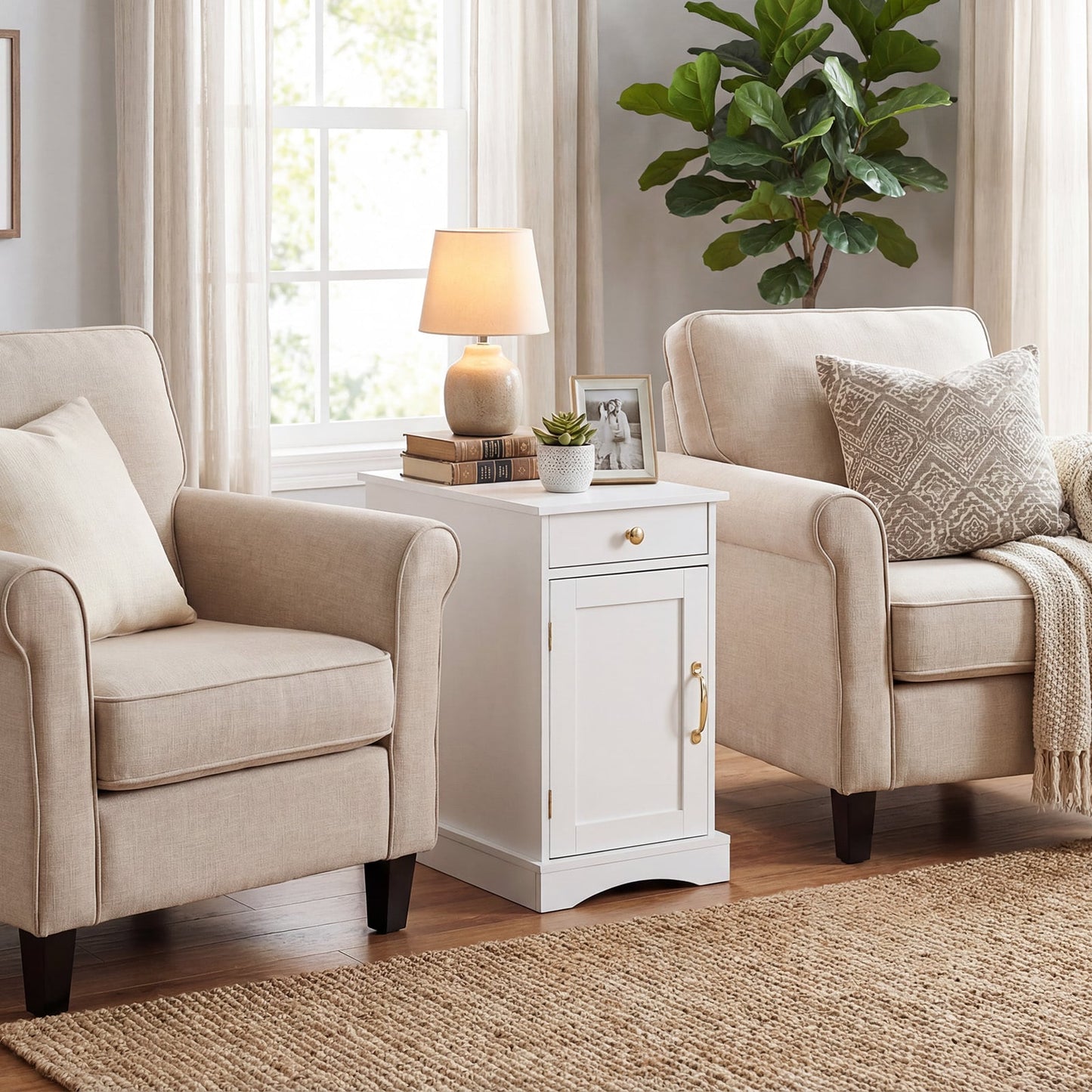 Narrow Nightstand Set of 2 with Charging Station and Drawer for Living Room Bedroom-White