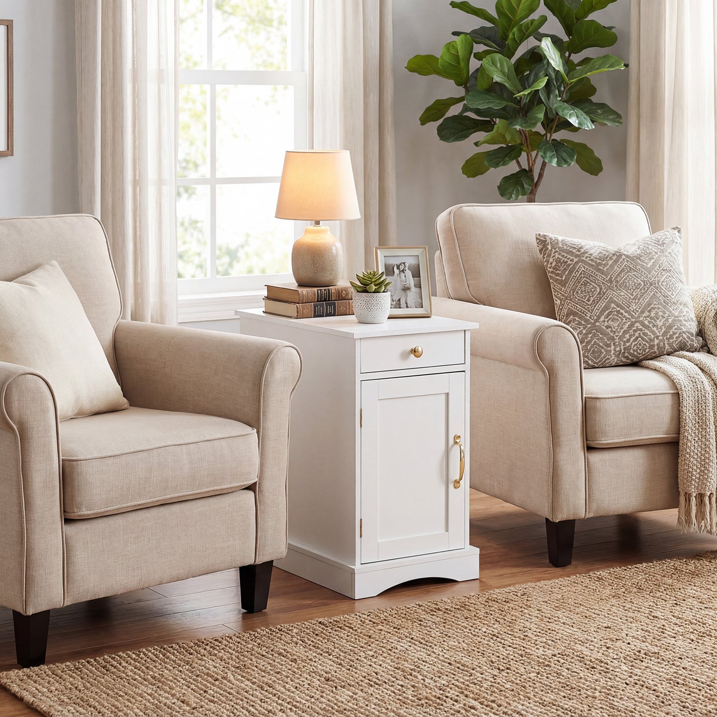 Narrow Nightstand Set of 2 with Charging Station and Drawer for Living Room Bedroom-White