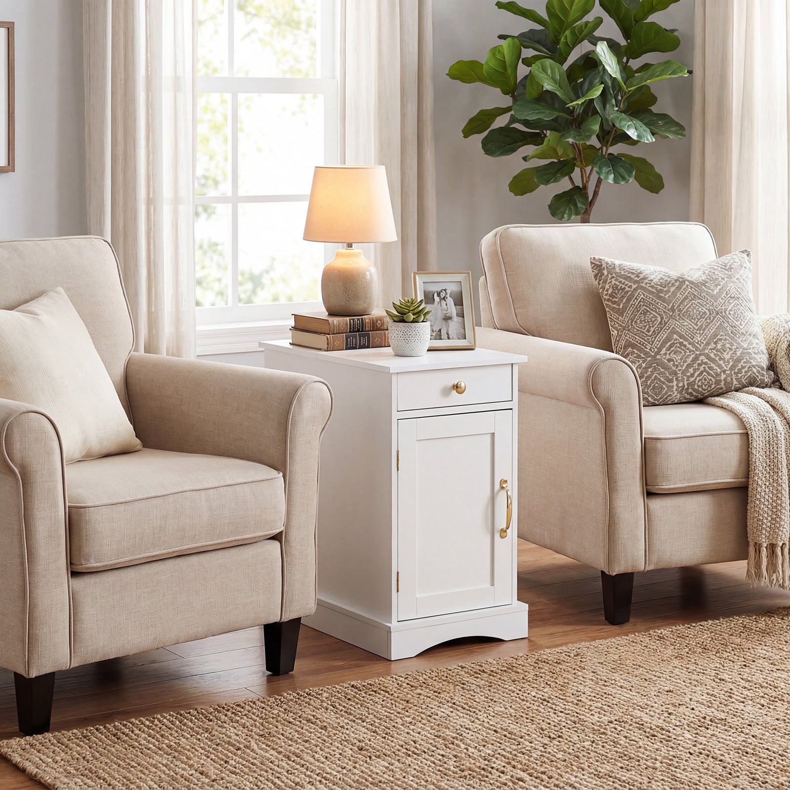 Narrow Nightstand Set of 2 with Charging Station and Drawer for Living Room Bedroom-White