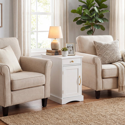 Narrow Nightstand Set of 2 with Charging Station and Drawer for Living Room Bedroom-White