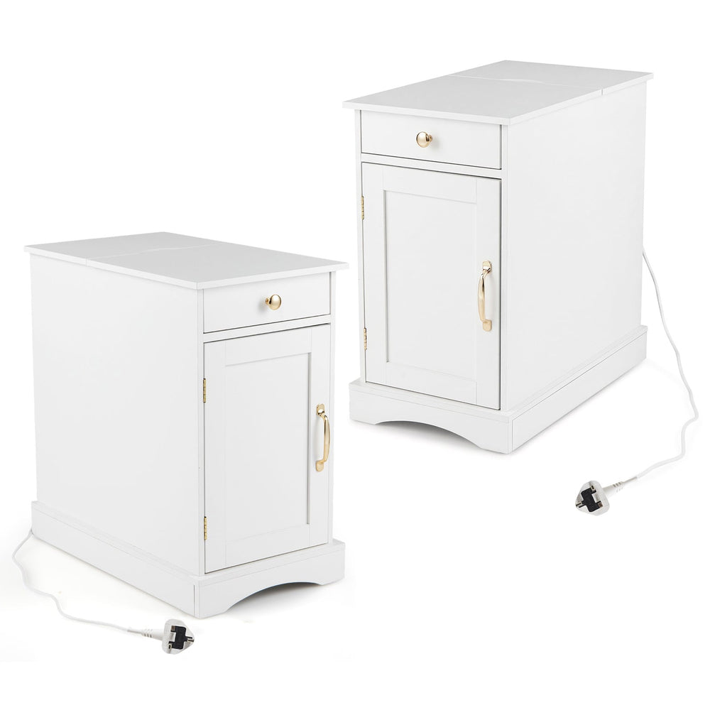 Narrow Nightstand Set of 2 with Charging Station and Drawer for Living Room Bedroom-White