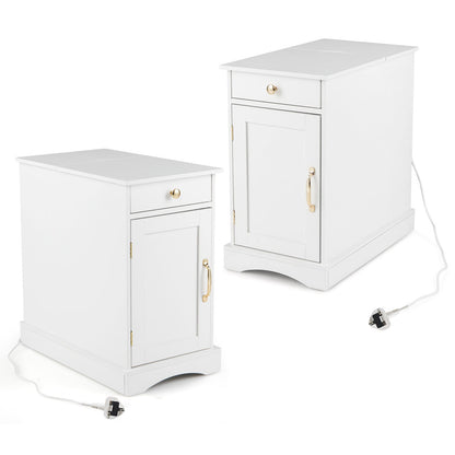 Narrow Nightstand Set of 2 with Charging Station and Drawer for Living Room Bedroom-White