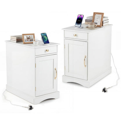 Narrow Nightstand Set of 2 with Charging Station and Drawer for Living Room Bedroom-White