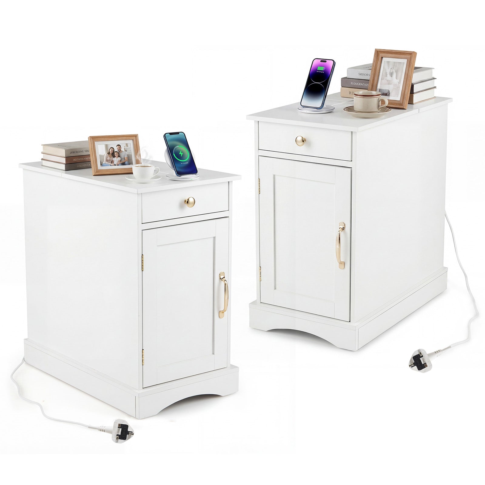 Narrow Nightstand Set of 2 with Charging Station and Drawer for Living Room Bedroom-White