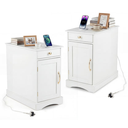 Narrow Nightstand Set of 2 with Charging Station and Drawer for Living Room Bedroom-White