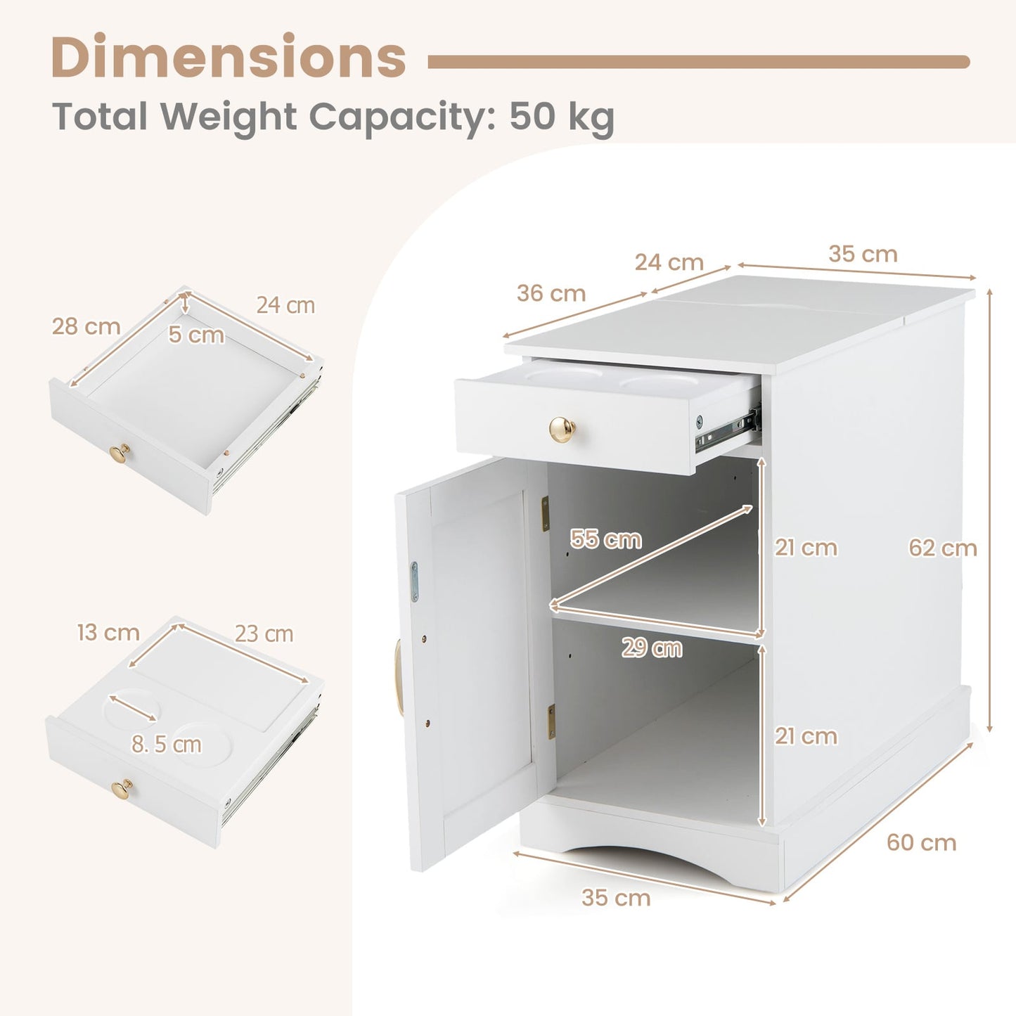 Narrow Nightstand Set of 2 with Charging Station and Drawer for Living Room Bedroom-White
