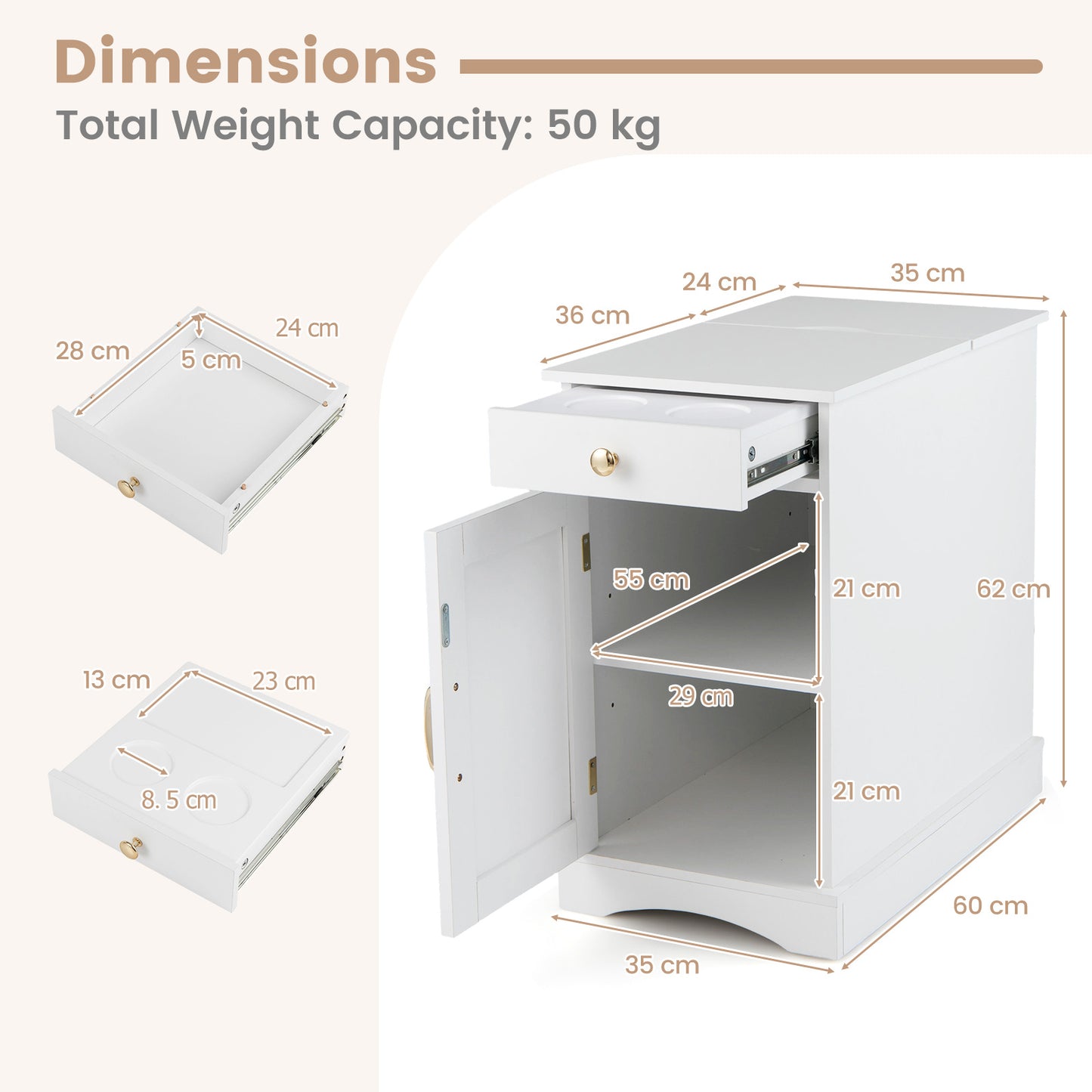 Narrow Nightstand Set of 2 with Charging Station and Drawer for Living Room Bedroom-White