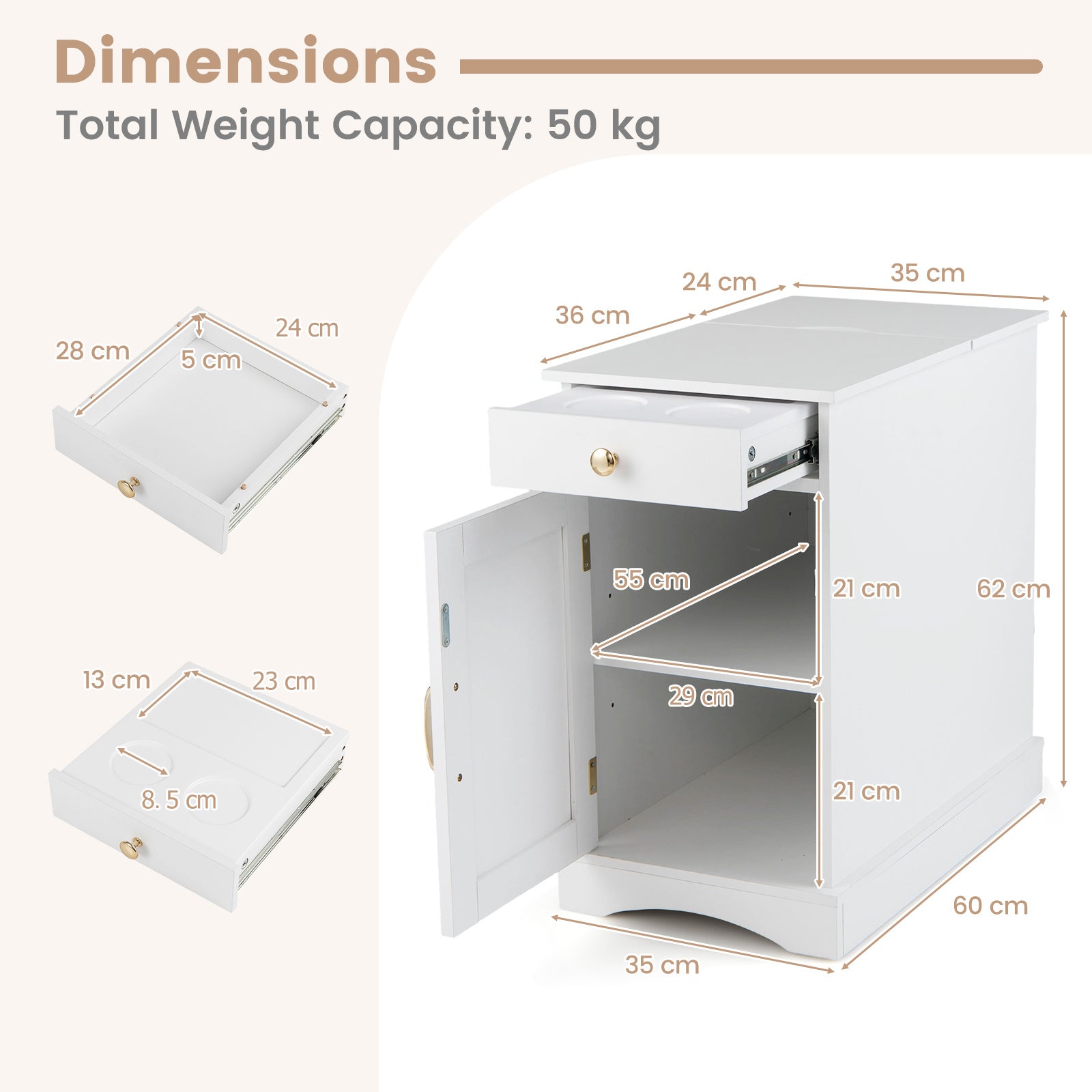 Narrow Nightstand Set of 2 with Charging Station and Drawer for Living Room Bedroom-White