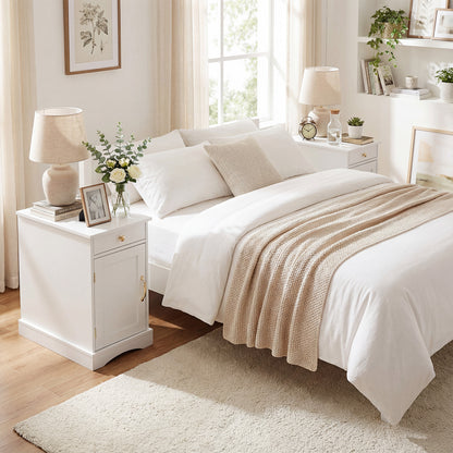 Narrow Nightstand Set of 2 with Charging Station and Drawer for Living Room Bedroom-White