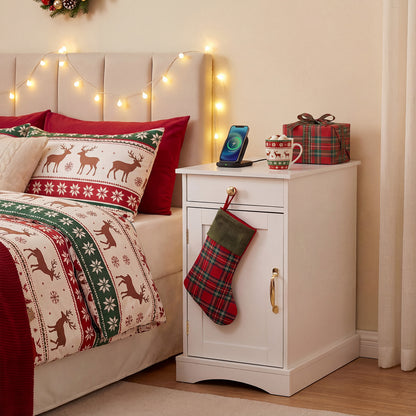 Narrow Nightstand Set of 2 with Charging Station and Drawer for Living Room Bedroom-White