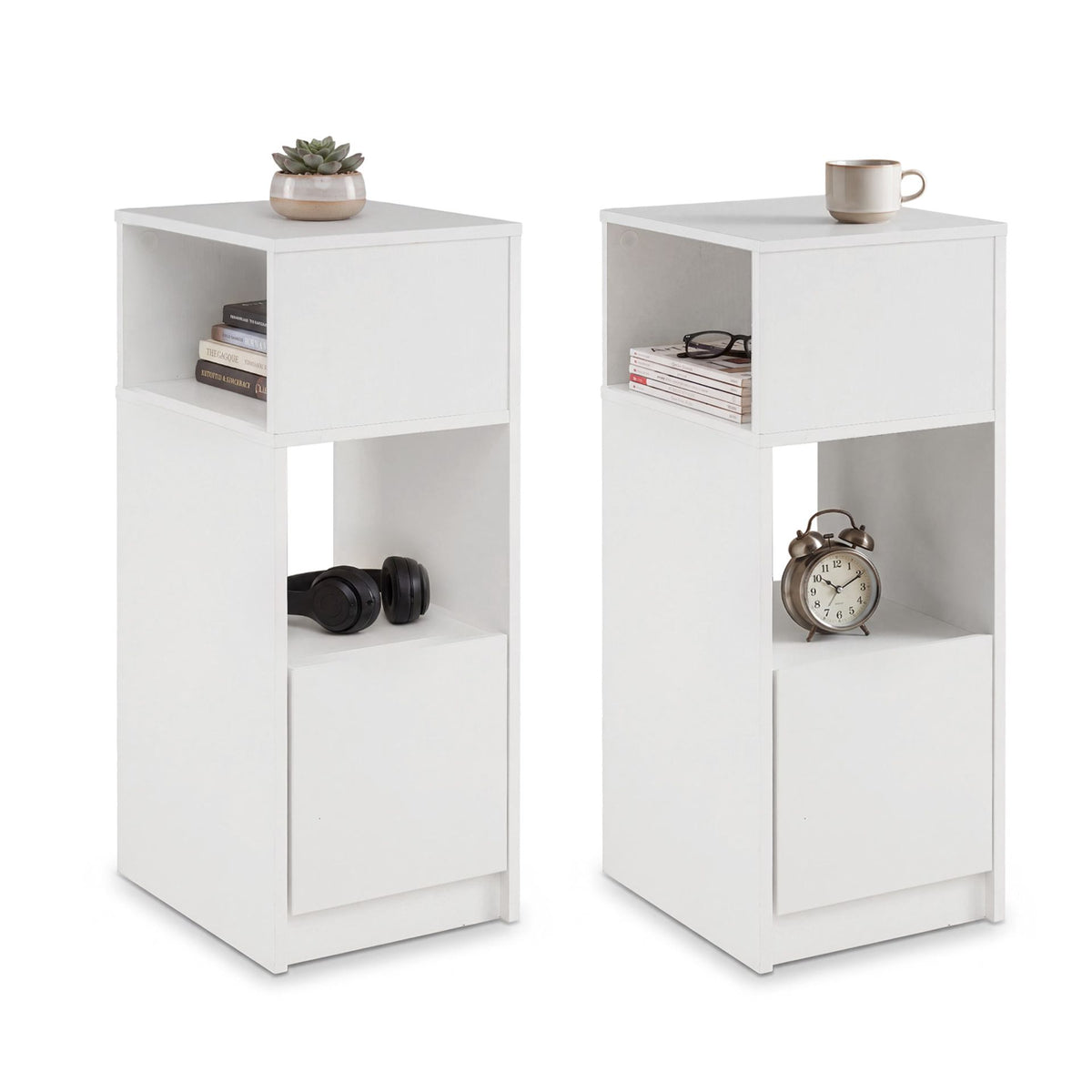 Narrow Nightstand Set of 2 with Drawer and 2 Storage Compartments for Small Spaces Living Room Bedroom-White