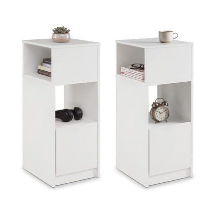 Narrow Nightstand Set of 2 with Drawer and 2 Storage Compartments for Small Spaces Living Room Bedroom-White