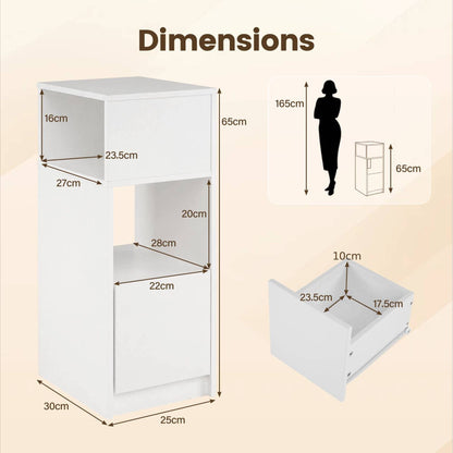 Narrow Nightstand Set of 2 with Drawer and 2 Storage Compartments for Small Spaces Living Room Bedroom-White