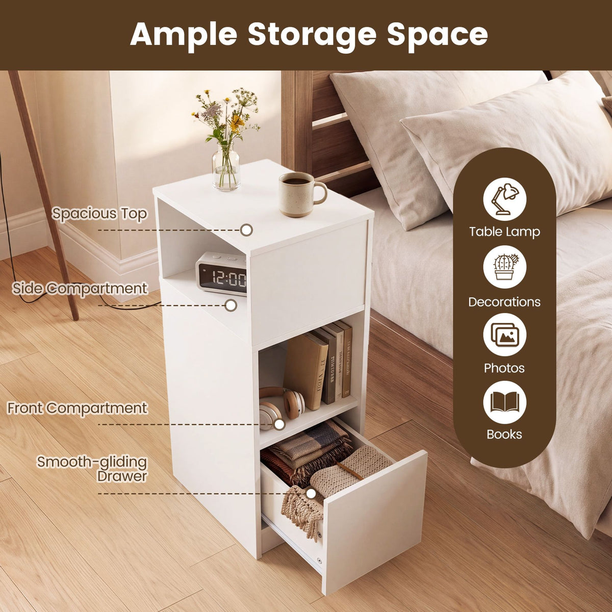 Narrow Nightstand with Drawer and 2 Storage Compartments for Small Spaces-White