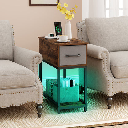 Narrow Side Table with Charging Station and LED Lights for Small Spaces-Rustic Brown