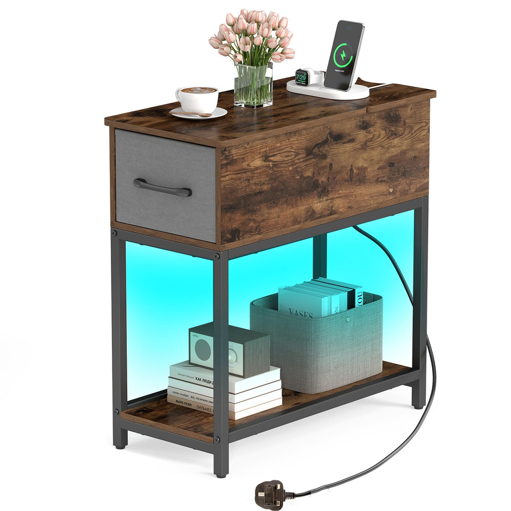 Narrow Side Table with Charging Station and LED Lights for Small Spaces-Rustic Brown