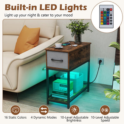 Narrow Side Table with Charging Station and LED Lights for Small Spaces-Rustic Brown