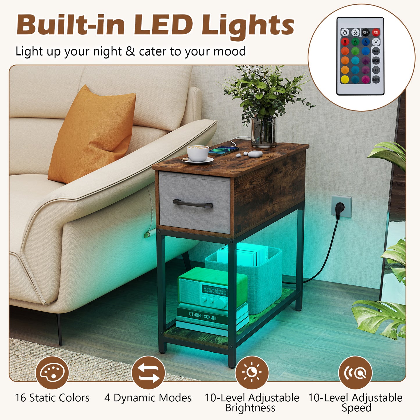 Narrow Side Table with Charging Station and LED Lights for Small Spaces-Rustic Brown