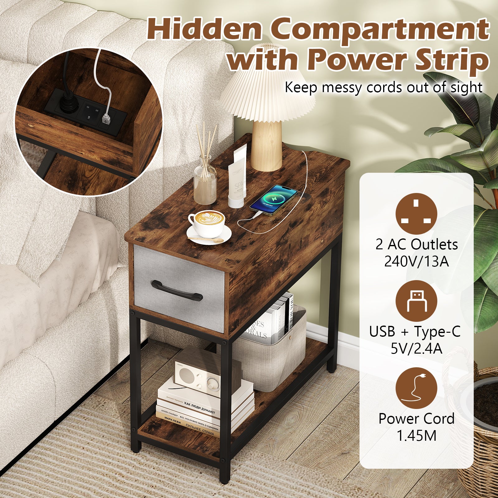 Narrow Side Table with Charging Station and LED Lights for Small Spaces-Rustic Brown