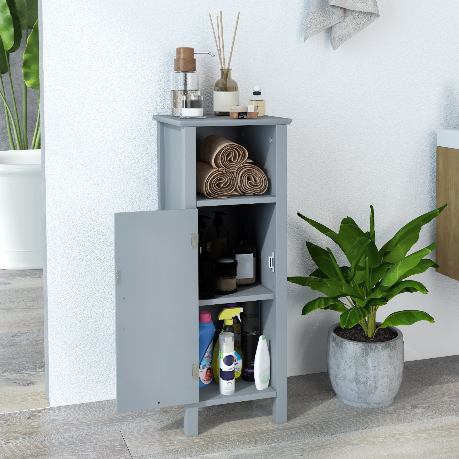 Freestanding Narrow Bathroom Storage Organizer Rack Stand with Door and Adjustable Shelf-Grey