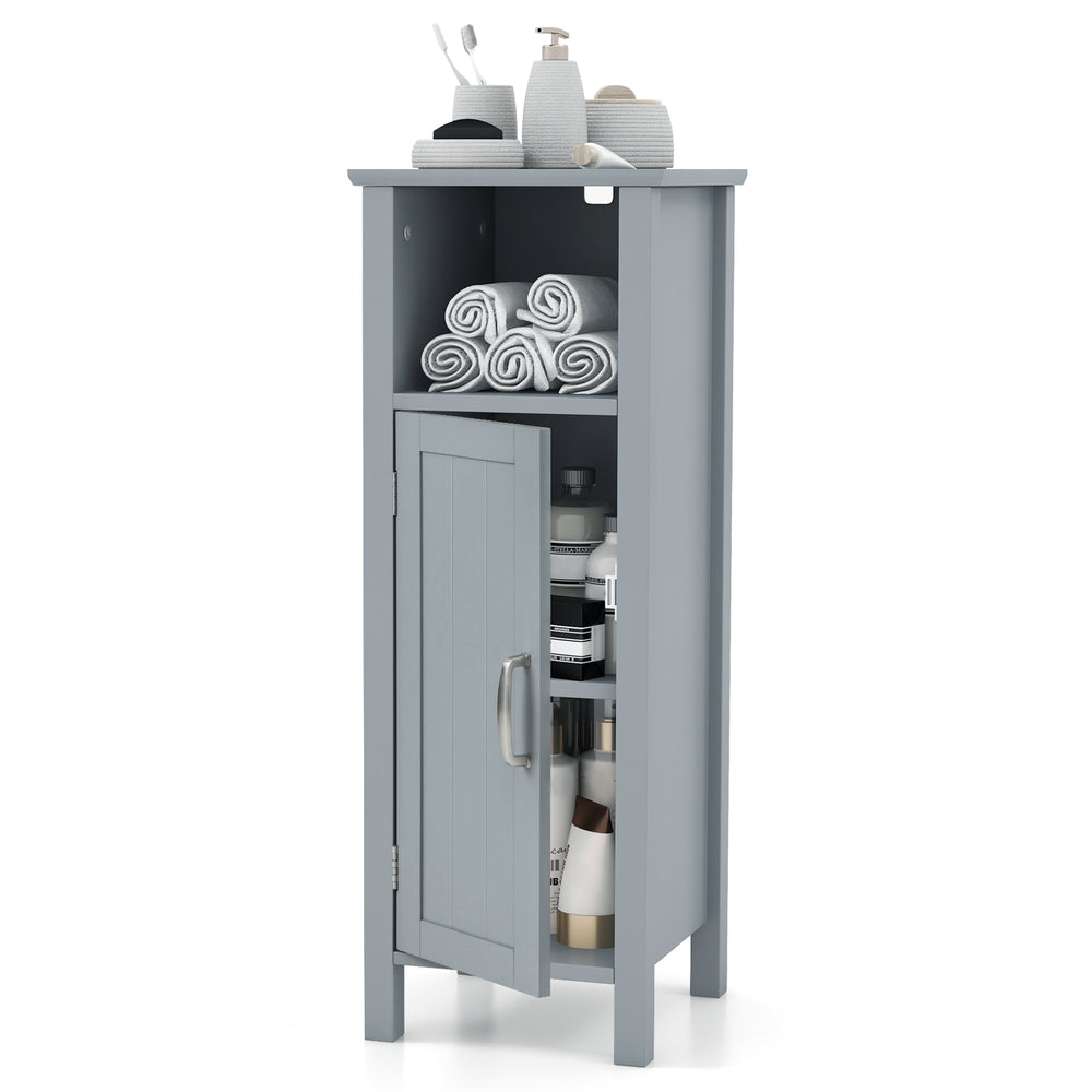 Freestanding Narrow Bathroom Storage Organizer Rack Stand with Door and Adjustable Shelf-Grey
