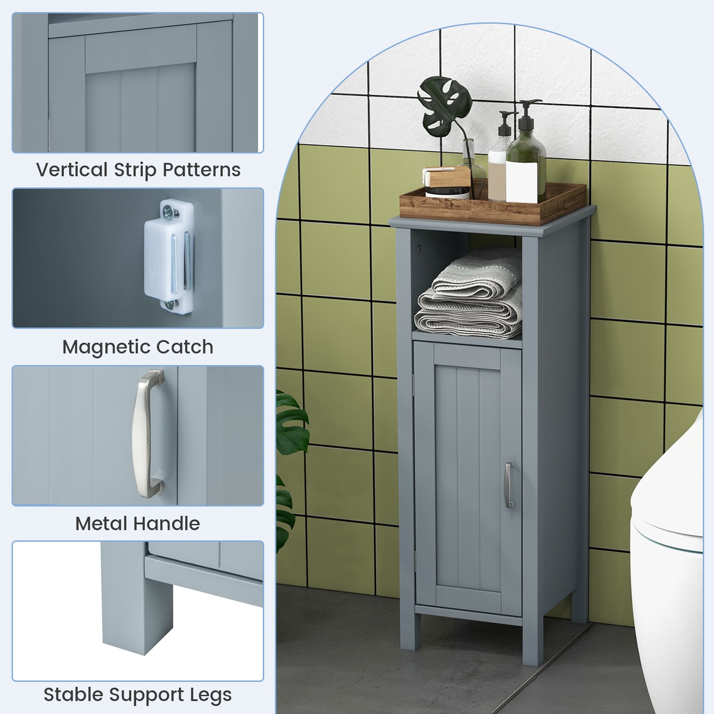 Freestanding Narrow Bathroom Storage Organizer Rack Stand with Door and Adjustable Shelf-Grey