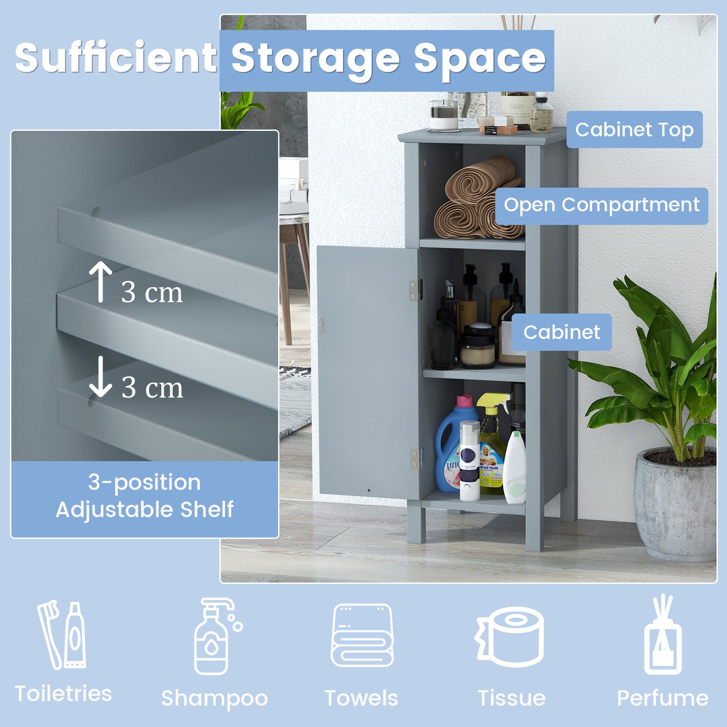Freestanding Narrow Bathroom Storage Organizer Rack Stand with Door and Adjustable Shelf-Grey