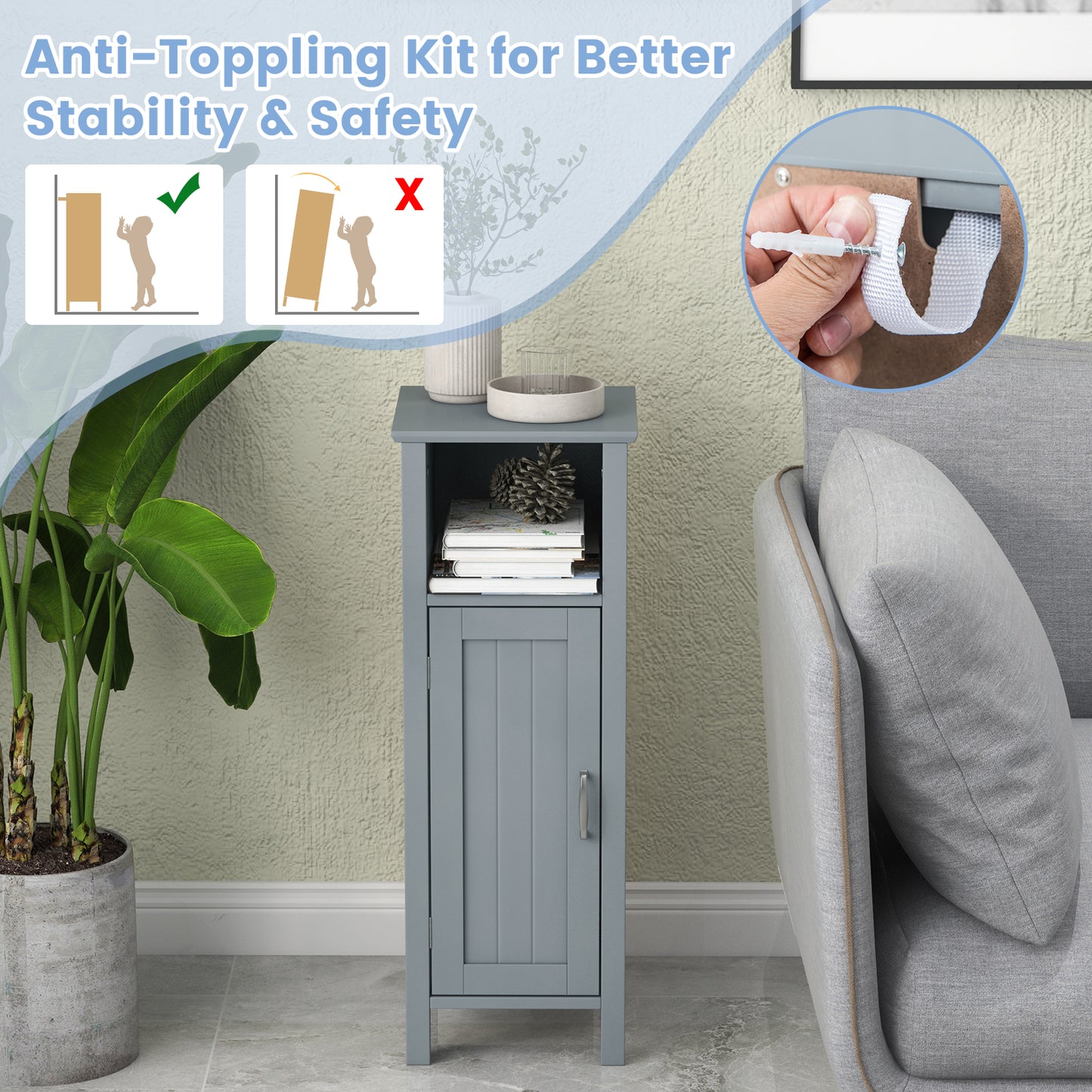 Freestanding Narrow Bathroom Storage Organizer Rack Stand with Door and Adjustable Shelf-Grey