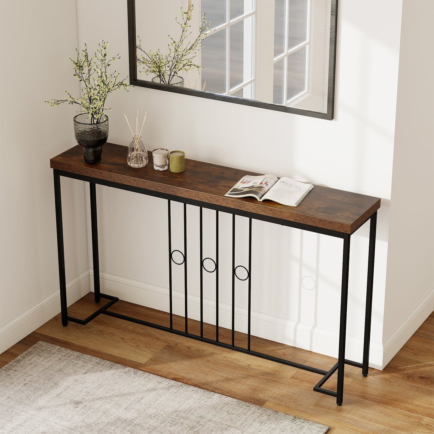 140CM Narrow Entryway Table with H-Shaped Base and Spacious tabletop-Rustic Brown