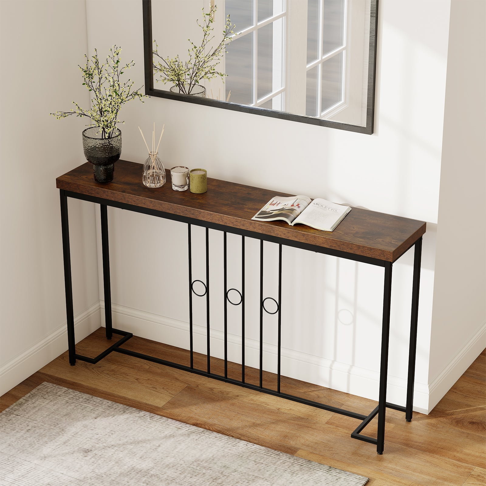140CM Narrow Entryway Table with H-Shaped Base and Spacious tabletop-Rustic Brown