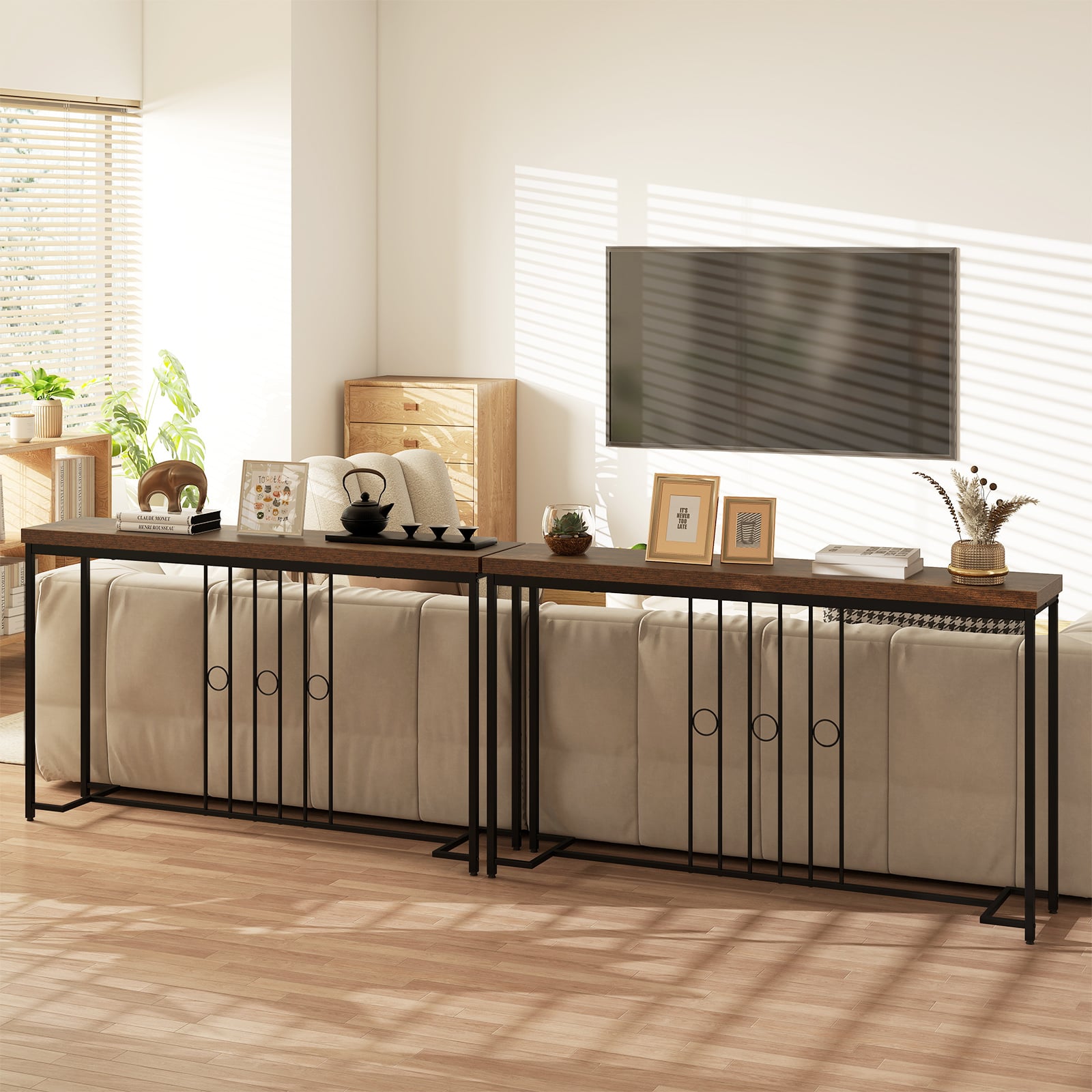 140CM Narrow Entryway Table with H-Shaped Base and Spacious tabletop-Rustic Brown