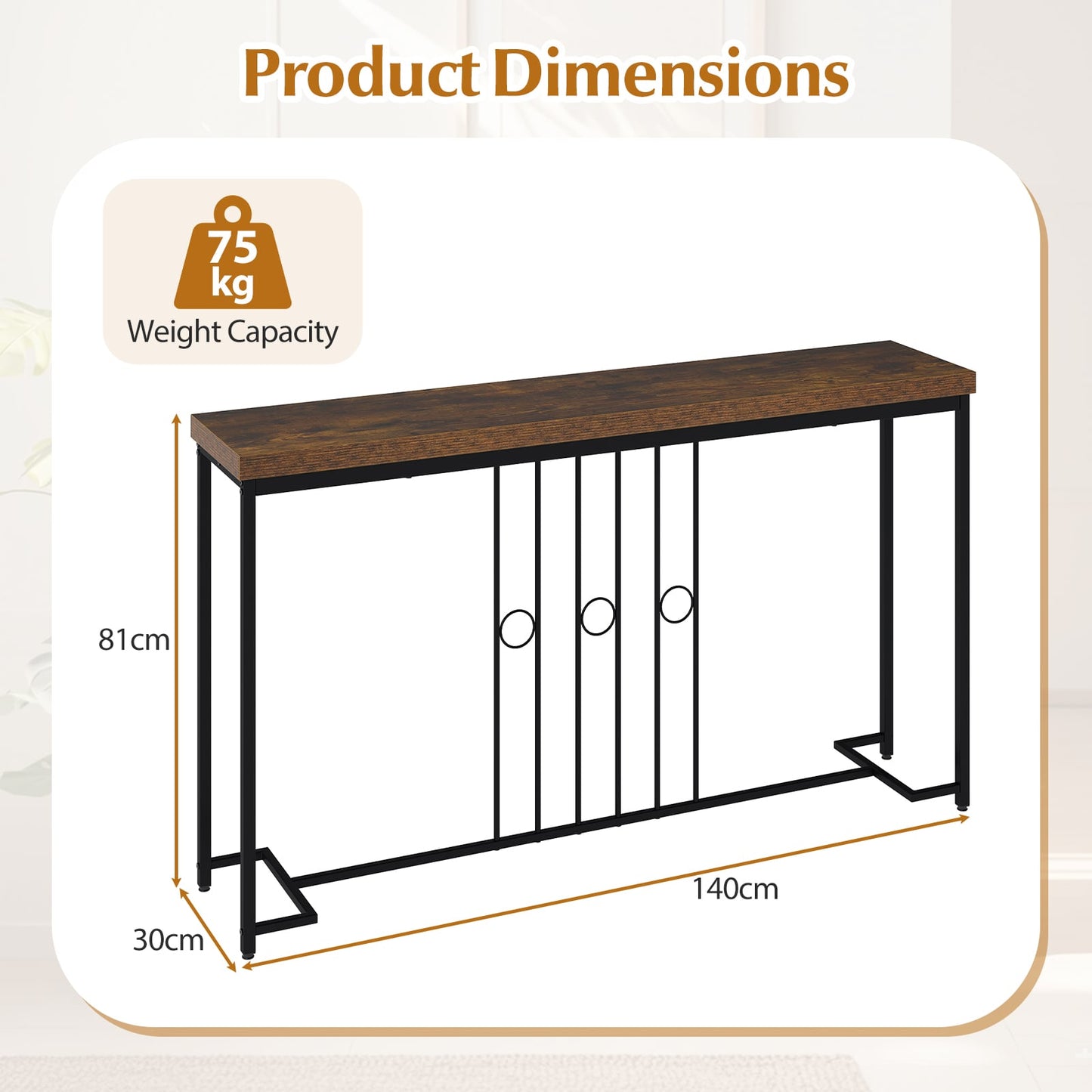 140CM Narrow Entryway Table with H-Shaped Base and Spacious tabletop-Rustic Brown