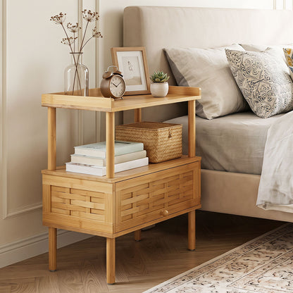 Natural Side Table with Raised Edge Flip-Up Door and Open Shelf-Natrual