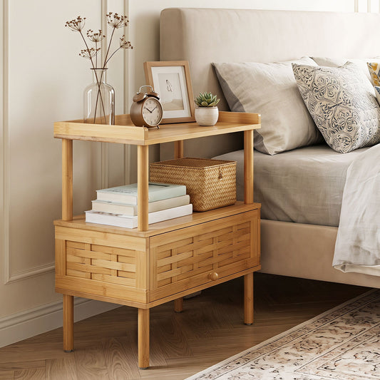 Natural Side Table with Raised Edge Flip-Up Door and Open Shelf-Natrual