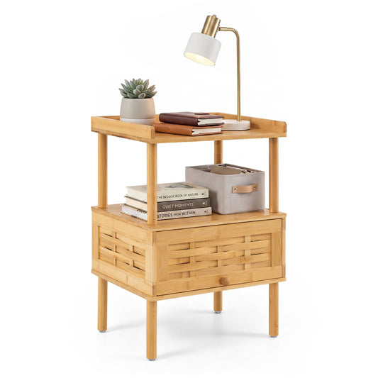 Natural Side Table with Raised Edge Flip-Up Door and Open Shelf-Natrual