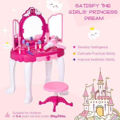 HOMCOM 26 Pcs Kids Children Vanity Dressing Table Magic Glamour Princess Mirror Makeup Table Stool Set w/ Beauty Kit Lights Music Jewellery Pretend Toy Fuchsia