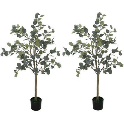 HOMCOM Set of 2 Decorative Artificial Tree, 4ft/ 120cm Silk Eucalyptus Trees with 230 Silver Dollar Leaves in Pot, Fake Plants for Home, Office, Living Room, Indoor Decor