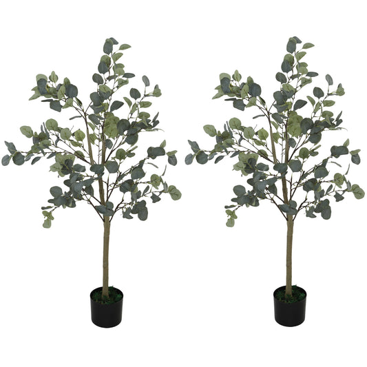 HOMCOM Set of 2 Decorative Artificial Tree, 4ft/ 120cm Silk Eucalyptus Trees with 230 Silver Dollar Leaves in Pot, Fake Plants for Home, Office, Living Room, Indoor Decor