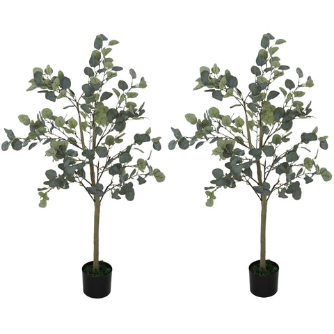 HOMCOM Set of 2 Decorative Artificial Tree, 4ft/ 120cm Silk Eucalyptus Trees with 230 Silver Dollar Leaves in Pot, Fake Plants for Home, Office, Living Room, Indoor Decor
