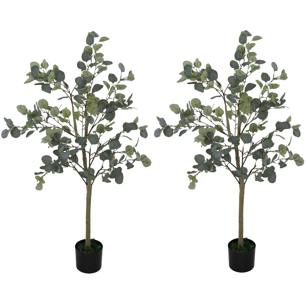 HOMCOM Set of 2 Decorative Artificial Tree, 4ft/ 120cm Silk Eucalyptus Trees with 230 Silver Dollar Leaves in Pot, Fake Plants for Home, Office, Living Room, Indoor Decor
