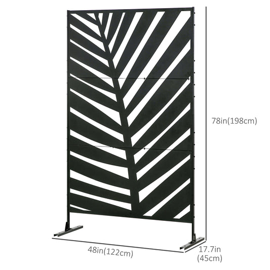 Outsunny Decorative Privacy Screen with Stand, 6.5FT Freestanding Metal Outdoor Divider, Decorative Privacy Panel with Expansion Screws for Garden Patio Pool Hot Tub, Banana Leaf Style, Black